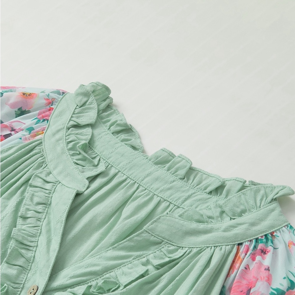 Green Printed Floral Patchwork Frilled Split
Neck Blouse Bohemian Top - Picture 8 of 16